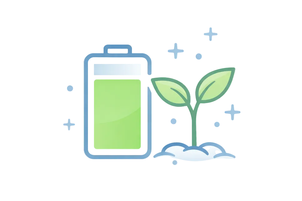 Battery icon with a green plant on a white background